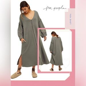 NWT |Free people | CoastLine Cozy Olive/Gray Midi Sweatshirt Dress W/ Pockets XS